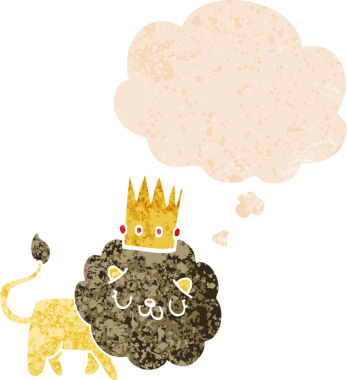 Düşünce baloncuğuyla kaplanmış karikatür aslanı dertli eski moda bir insan tarafından çizilmiş.