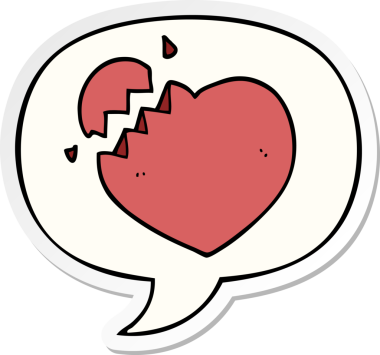 Bir insan tarafından çizilmiş konuşma balonu çıkartmalı kırık kalp çizgi filmi.