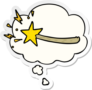 Düşünce baloncuklu sihirli değnek insan tarafından çizilmiş bir çıkartma.