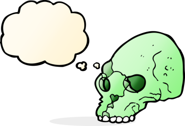 Bir insan tarafından çizilmiş düşünce baloncuklu garip kafatası.