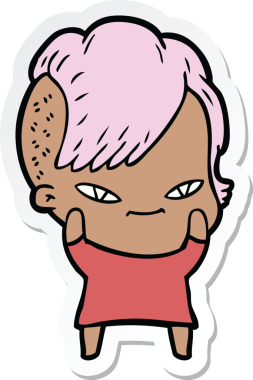 Hipster saç kesimi bir insan tarafından çizilmiş şirin bir çizgi film kızına ait etiket.