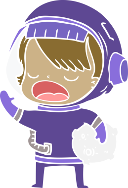 Düz renkli çizgi film uzay kızı elinde bir insan tarafından çizilmiş bir meteor tutuyor.