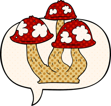 Bir insan tarafından çizilmiş çizgi roman tarzında konuşma baloncuklu mantarlar.
