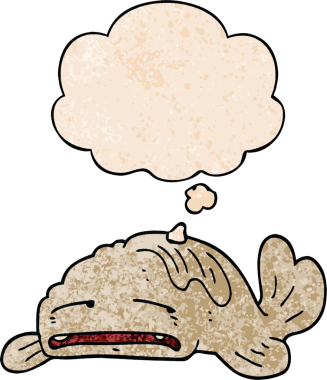 Bir insan tarafından çizilmiş grunge dokusunda düşünce baloncuğu olan üzgün yaşlı balık çizgi filmi.