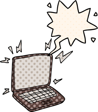 Çizgi roman tarzında konuşma balonu olan dizüstü bilgisayar bir insan tarafından çizilmiş.