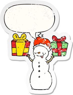 Kardan adam ve konuşma baloncuğu bir insan tarafından çizilmiş sıkıntılı eski bir çıkartma.