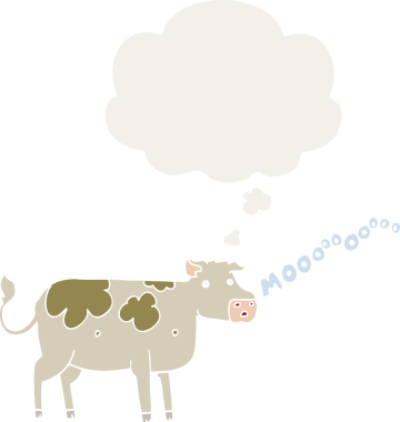 Düşünce baloncuğu olan çizgi film ineği insan tarafından çizilmiş.