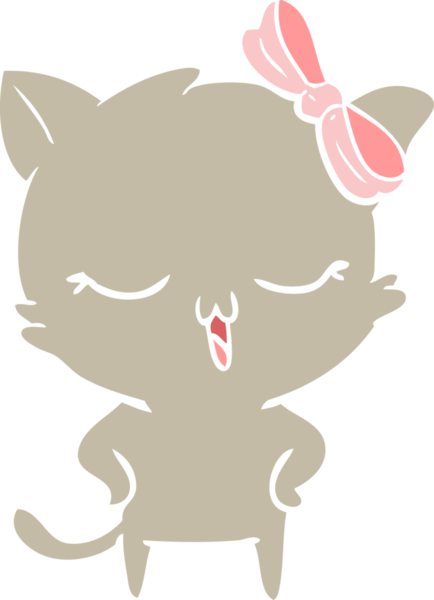 Düz renkli çizgi film kedisi. Başında fiyonk, kalçasında insan resmi olan.