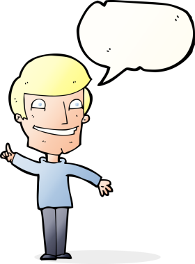 Bir insan tarafından çizilmiş konuşma balonuyla sırıtan bir karikatür adamı.