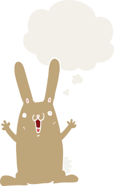 Düşünce baloncuklu çizgi film tavşanı insan tarafından çizilmiş.