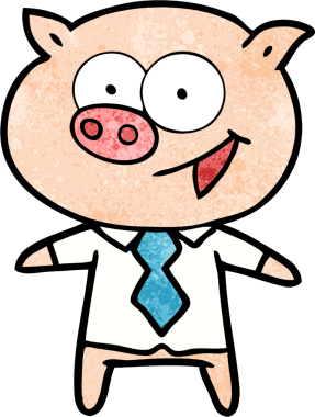 Bir insan tarafından çizilmiş ofis kıyafetleri içinde neşeli bir domuz.