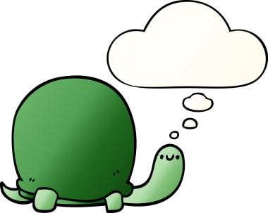 Bir insan tarafından çizilmiş yumuşak eğimli düşünce baloncuklu şirin karikatür kaplumbağası