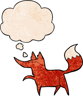 bir insan tarafından çizilmiş grunge doku biçiminde düşünce baloncuğu olan çizgi film tilkisi