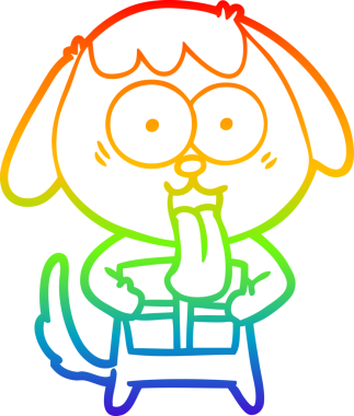 Gökkuşağı gradyan çizimi. Bir insan tarafından çizilmiş Noel hediyeli şirin bir çizgi köpek çizimi.