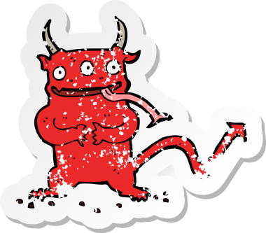 Bir insan tarafından çizilmiş küçük bir iblisin gerilmiş çıkartması.