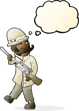 Bir insan tarafından çizilmiş düşünce baloncuğu olan büyük oyun avcısı çizgi filmi.