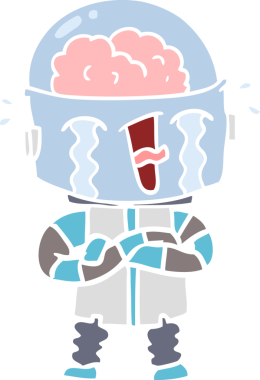 Bir insan tarafından çizilmiş düz renkli karikatür ağlayan robot.