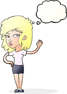 Bir insan tarafından çizilmiş düşünce baloncuğuyla el sallayan güzel bir kadın.