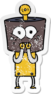 Mutlu çizgi film robotunun sıkıntılı çıkartması. Bir insan tarafından gergin bir şekilde çizilmiş gülüyor.