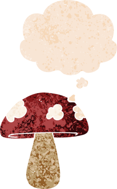 Düşünce baloncuklu çizgi film mantarı grunge sıkıntılı retro desen bir insan tarafından çizilmiş