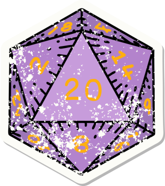 Bir insan tarafından çizilmiş 20 D20 zarının grunge sticker 'ı.