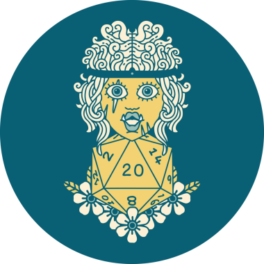 Retro Dövme Tarzı Ork barbarlığı. Bir insan tarafından çizilmiş doğal yirmi zar.