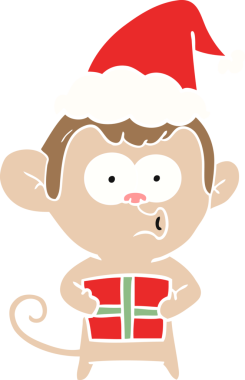 Bir insan tarafından çizilmiş Noel Baba şapkası giyen bir maymunun düz renk çizimi.