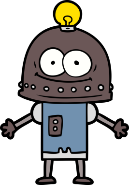 Bir insan tarafından çizilmiş ampullü mutlu karton robot.