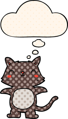 Çizgi roman tarzında düşünce baloncuğu olan çizgi film kedisi insan tarafından çizilmiş.