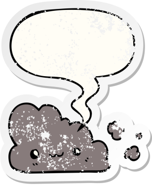 Konuşma baloncuğu olan sevimli çizgi film bulutu bir insan tarafından çizilmiş sıkıntılı eski bir çıkartma