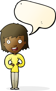 Bir insan tarafından çizilmiş konuşma balonlu mutlu kadın çizgi filmi.