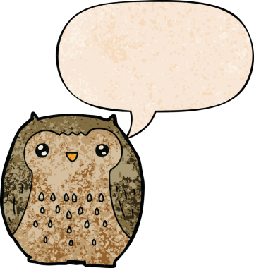 Bir insan tarafından çizilmiş geçmişe dönük konuşma baloncuğu olan sevimli çizgi film baykuşu.