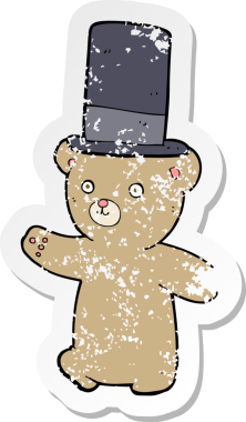 Bir insan tarafından çizilmiş şapkalı çizgi film ayısının gerilimli çıkartması.