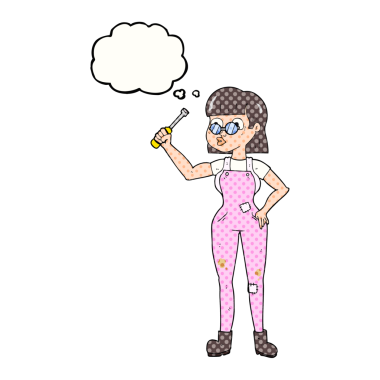 Bir insan tarafından çizilmiş serbest çizim balon karikatür kadın tamirci.