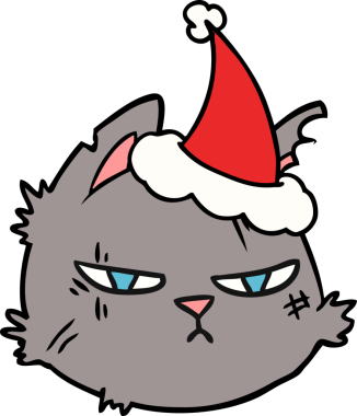 Bir insan tarafından çizilmiş Noel Baba şapkası takan sert bir kedi yüzü çizilmiş.