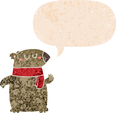 Bir insan tarafından çizilmiş grunge sıkıntılı retro tarzı içinde konuşma baloncuğu olan eşarplı çizgi film ayısı