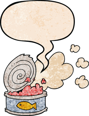 Bir insan tarafından çizilmiş, retro desenli, konuşma baloncuklu, karikatür kokulu balık konservesi.