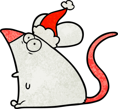 Korkmuş bir farenin insan tarafından çizilmiş Noel Baba şapkası giydiği el çizimi bir çizgi film.