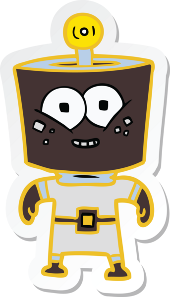 Bir insan tarafından çizilmiş mutlu enerjili çizgi film robotunun çıkartması.