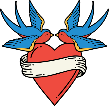 Geleneksel kırlangıç tarzında dövme ve bir insan tarafından çizilmiş sancaklı bir kalp.