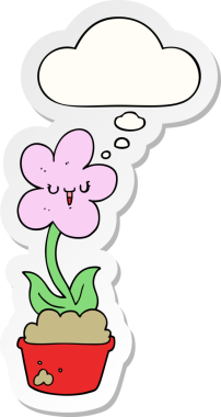 Düşünce baloncuğu olan şirin bir karikatür çiçeği bir insan tarafından çizilmiş çıkartma gibi.