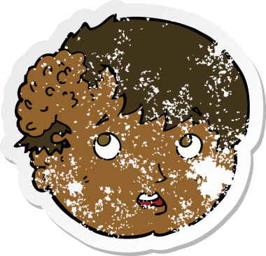 Bir insan tarafından çizilmiş kafasında çirkin bir büyüme olan bir çizgi film çocuğunun gerilimli retro yapıştırması.