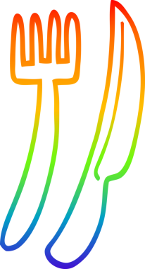 Gökkuşağı gradyan çizgi çizimi bir insan tarafından çizilmiş altın çatal bıçak takımı