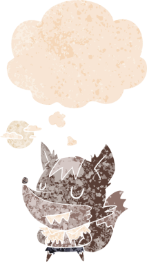 Düşünce baloncuğu olan karikatür kurtadamı bir insan tarafından çizilmiş dertli retro stili.