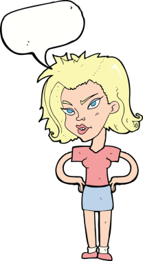 Bir insan tarafından çizilmiş konuşma balonlu elleri olan çizgi film kadını.