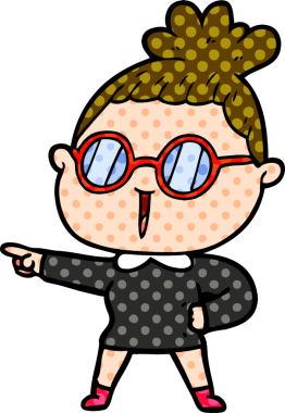 Bir insan tarafından çizilmiş gözlüklü bir karikatür kadın.