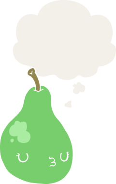 Düşünce baloncuğu olan bir çizgi film armudu insan tarafından çizilmiş.