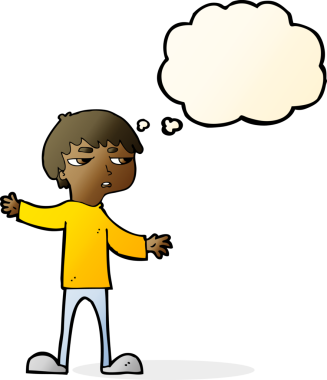 Bir insan tarafından çizilen düşünce baloncuğuyla sinirlenmiş bir çocuk.