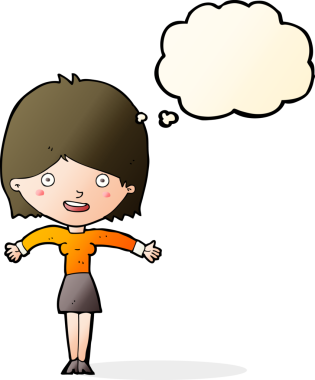 Bir insan tarafından çizilmiş düşünce baloncuğu olan heyecanlı bir kadın.