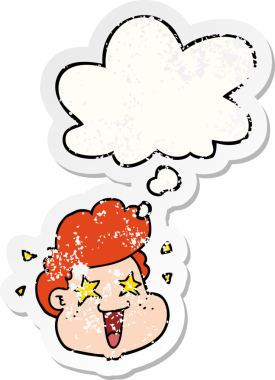 Düşünce baloncuklu çizgi film çocuğunun yüzü bir insan tarafından çizilmiş yıpranmış bir çıkartma gibi.